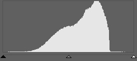 The opposite of the previous histogram – the scene being photographed lacked dynamic range, and so the photo lacks contrast in the shadows and lights. So it’s appropriate to adjust the histogram using Levels and Curves so that it reaches all the way from 0 to 255, i.e. from left to right. That gives contrast in the lights and the shadows.