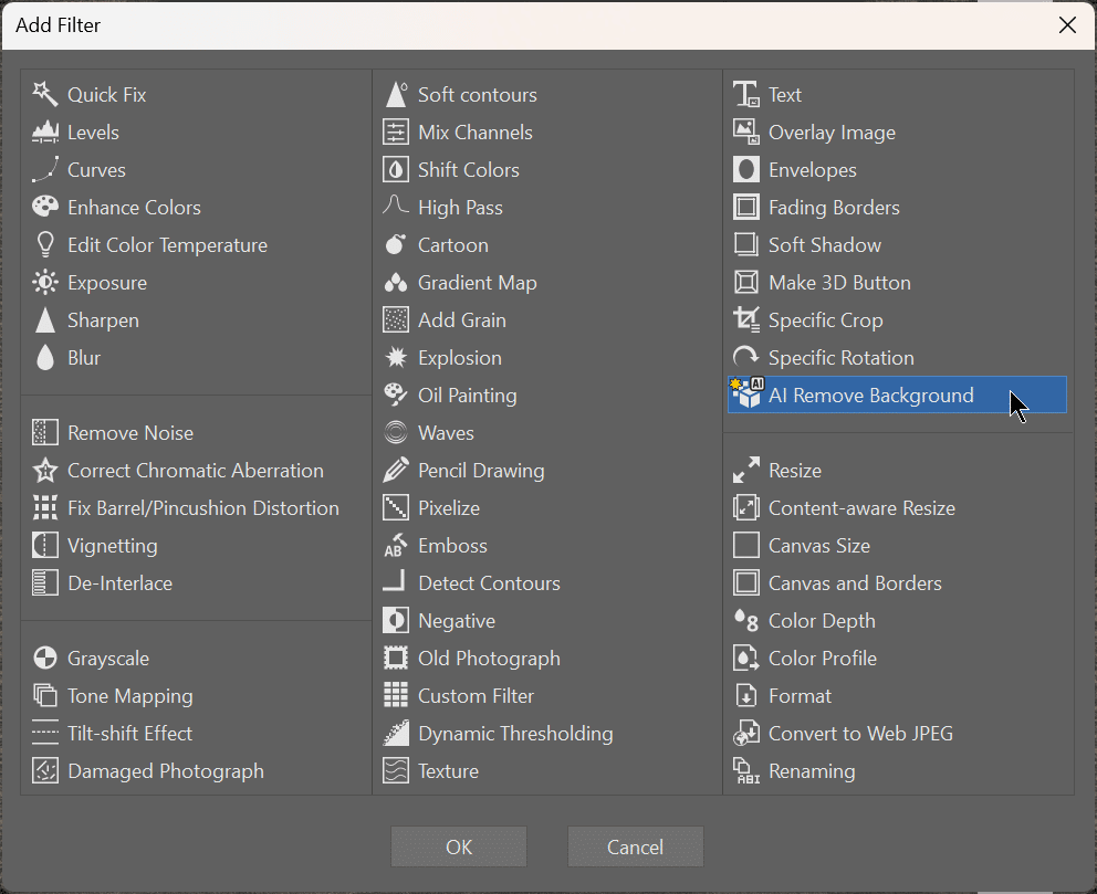 Remove Backgrounds, AI, add filter